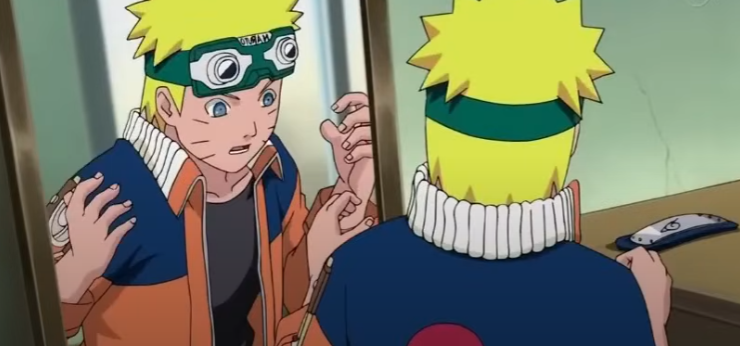 Naruto changing his goggles to headband