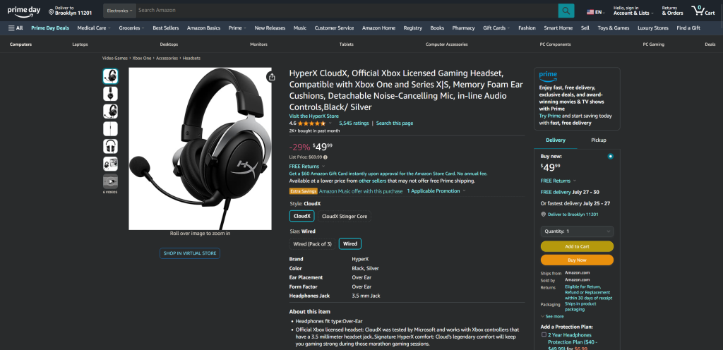 The Amazon product page for the HyperX Cloud X Gaming Headset