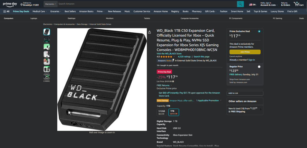 The Amazon product page for the WD_Black 1TB C50 Expansion Card
