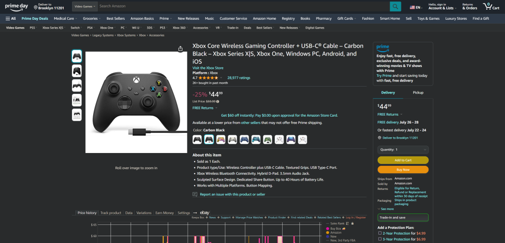 The Amazon product page for the Xbox Core Wireless Controller