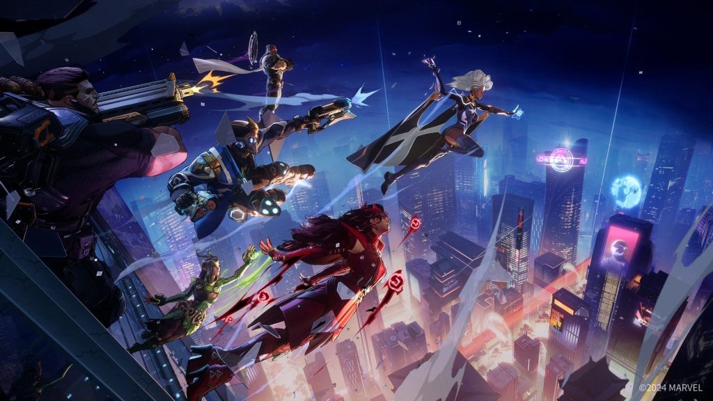 A promotional artwork for Marvel Rival, featuring many of the characters overlooking a cityscape.