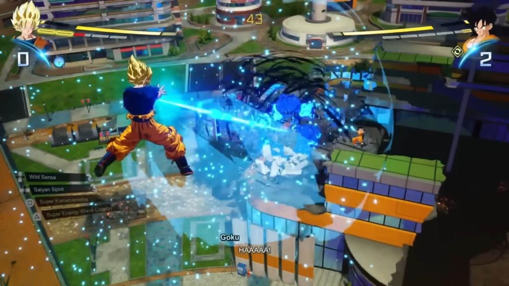 Super Saiyan Goku destroys a building using Kamehameha Wave in Dragon Ball: Sparking Zero.