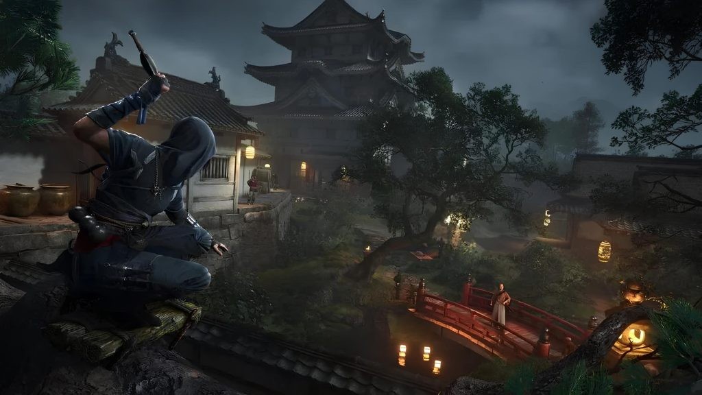 A still from Assassin's Creed Shadows, featuring Naoe infiltrating a fortress.