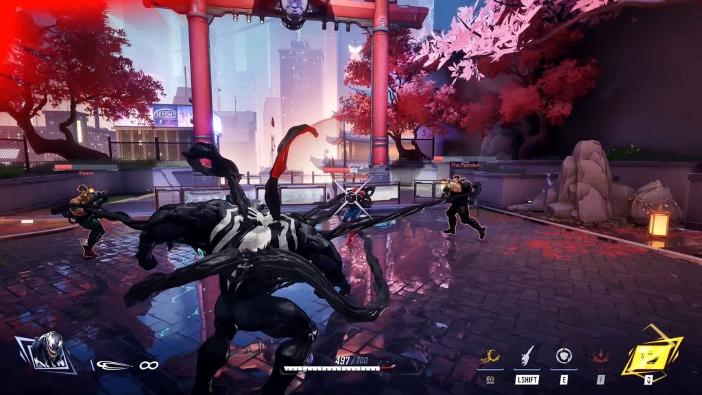 Marvel Rivals gameplay screenshot shows a player-controlled Venom engaging in active combat with Namor, Spider-Man, and The Punisher.