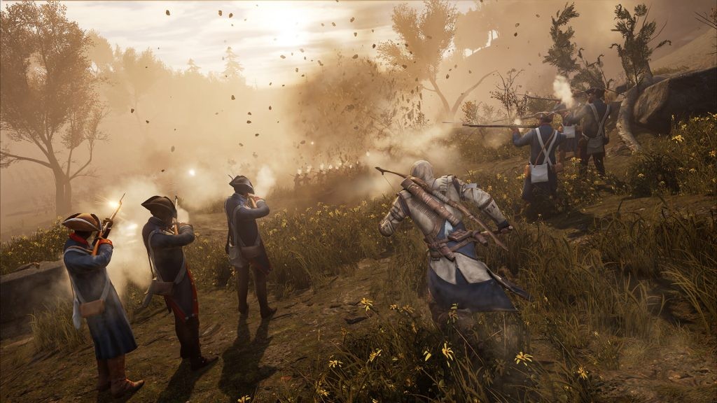 The image shows a cinematic cutscene from Assassin's Creed 3 
