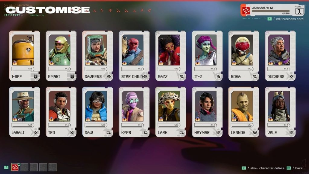 In-game screenshot featuring the character cards for all sixteen playable "Freegunners" in Concord.