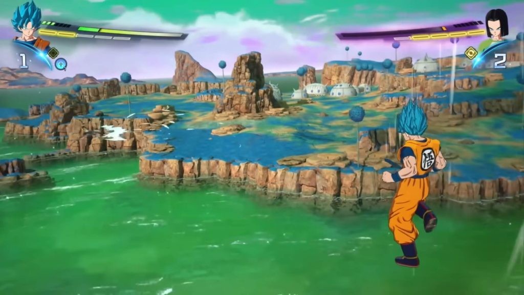 Goku Super Saiyan Blue is on Planet Namek as seen in Dragon Ball: Sparking Zero.