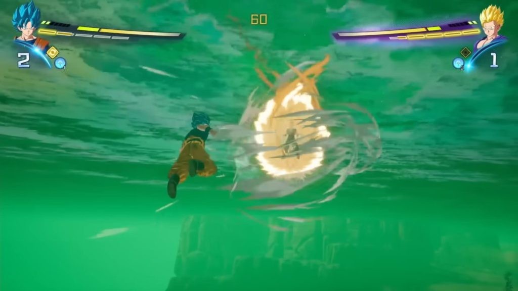Super Saiyan Blue Goku and Super Saiyan Gohan fighting underwater on Planet Namek in Dragon Ball: Sparking Zero.