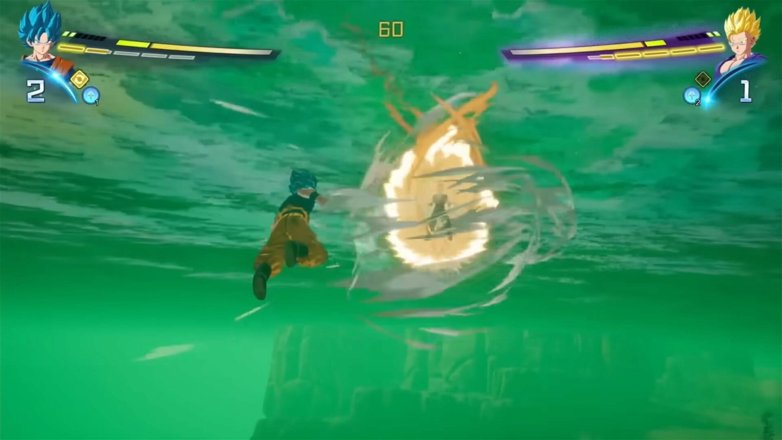 Super Saiyan Blue Goku and Super Saiyan Gohan fighting underwater on Planet Namek in Dragon Ball: Sparking Zero. Credits: AfroSenju XL on YouTube