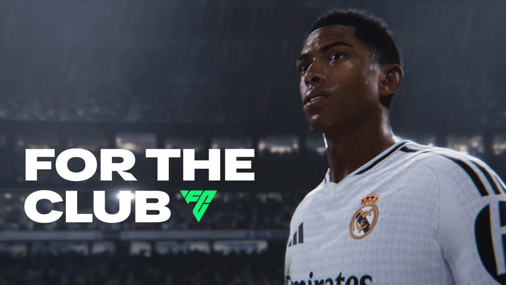 A still from EA Sports FC 25's reveal trailer shows English soccer player Jude Bellingham sweating profusely in his Real Madrid jersey.