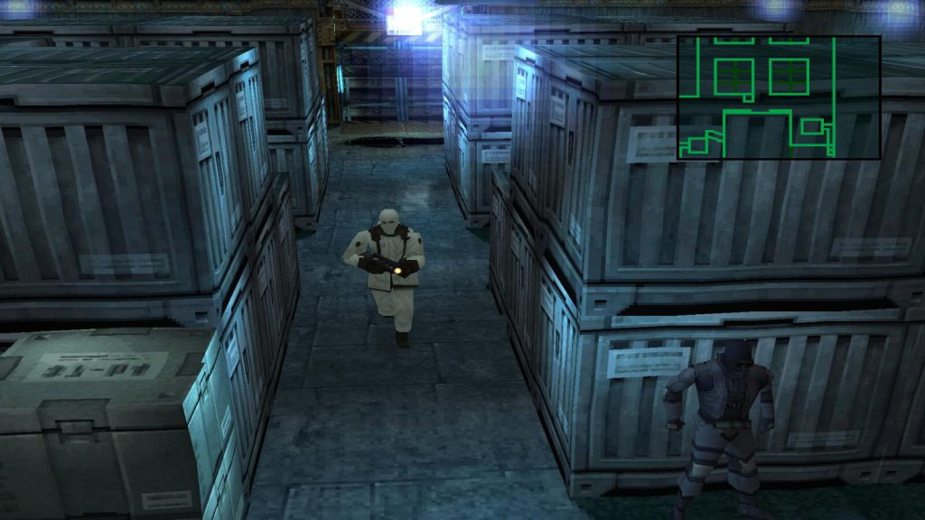 Metal Gear Solid 1 player hiding from an enemy in a warehouse