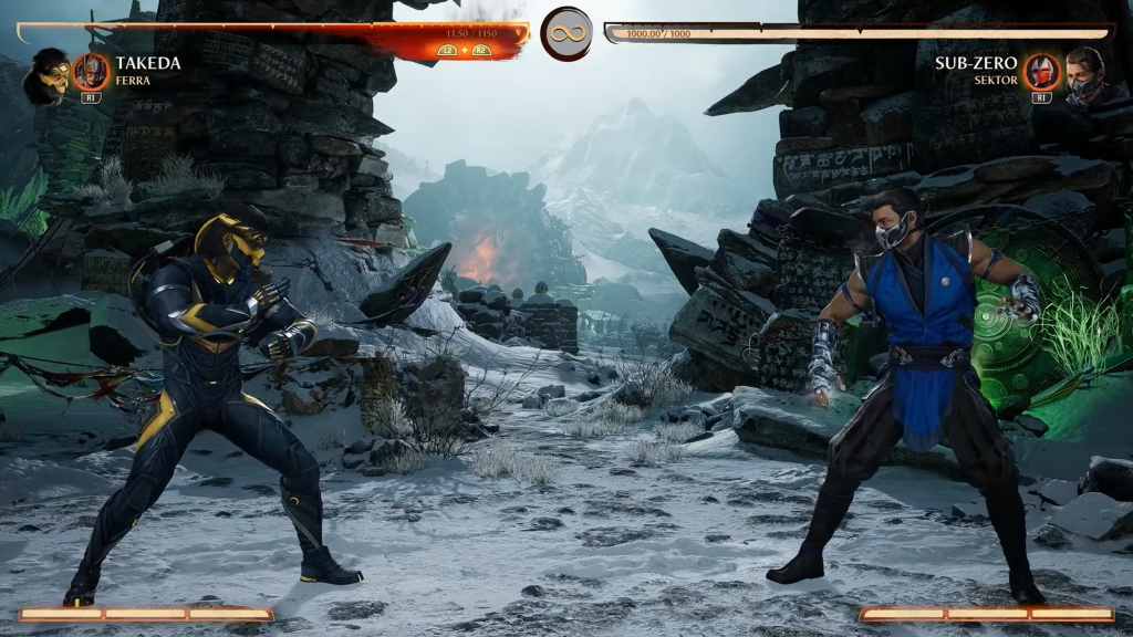 The image shows two characters ready to fight in Mortal Kombat 1