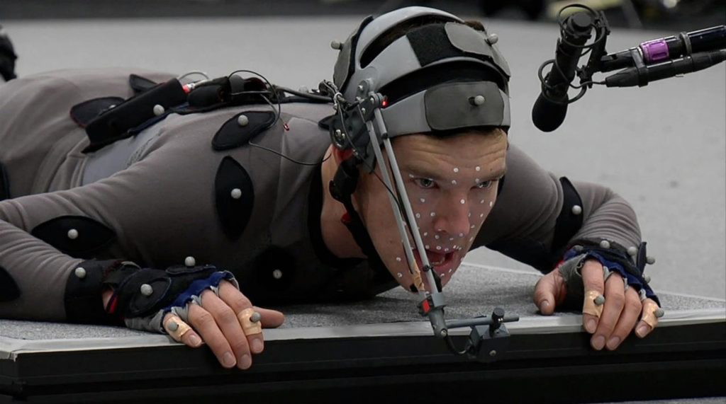 Benedict Cumberbatch in full motion capture suit for the role of Smaug [Credit: Warner Bros. Pictures]