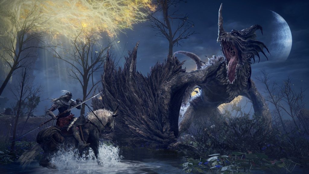 Player riding Torrent in front of a dragon in Elden Ring.