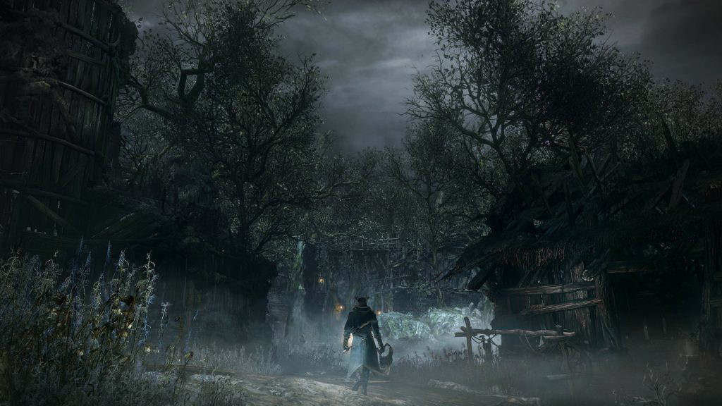 Bloodborne landscape being traversed by player holding a weapon.