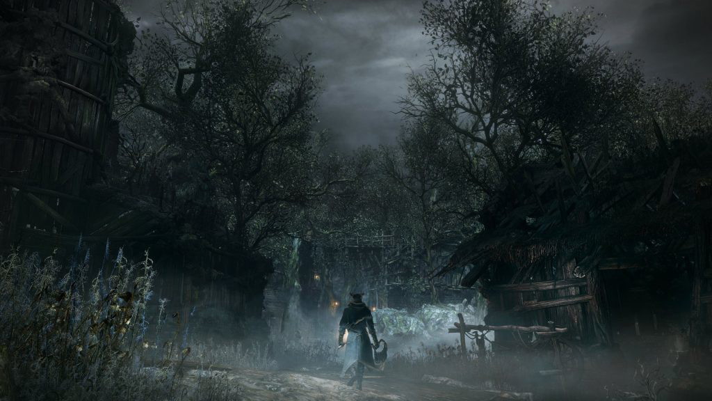 Paysage de Bloodborne traversé par un joueur tenant une arme.