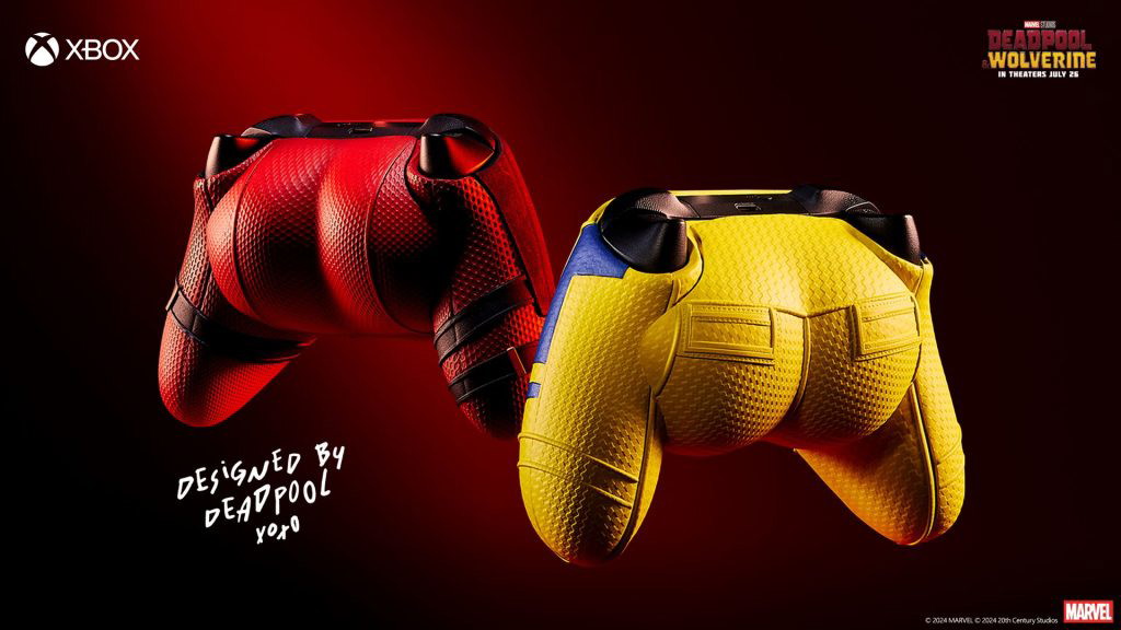 A backshot of the two Xbox controllers created for the release of the Deadpool & Wolverine movie. 