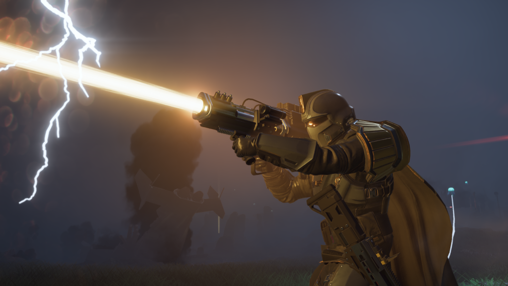 Image from Helldivers 2 of a soldier firing a laser cannon. 