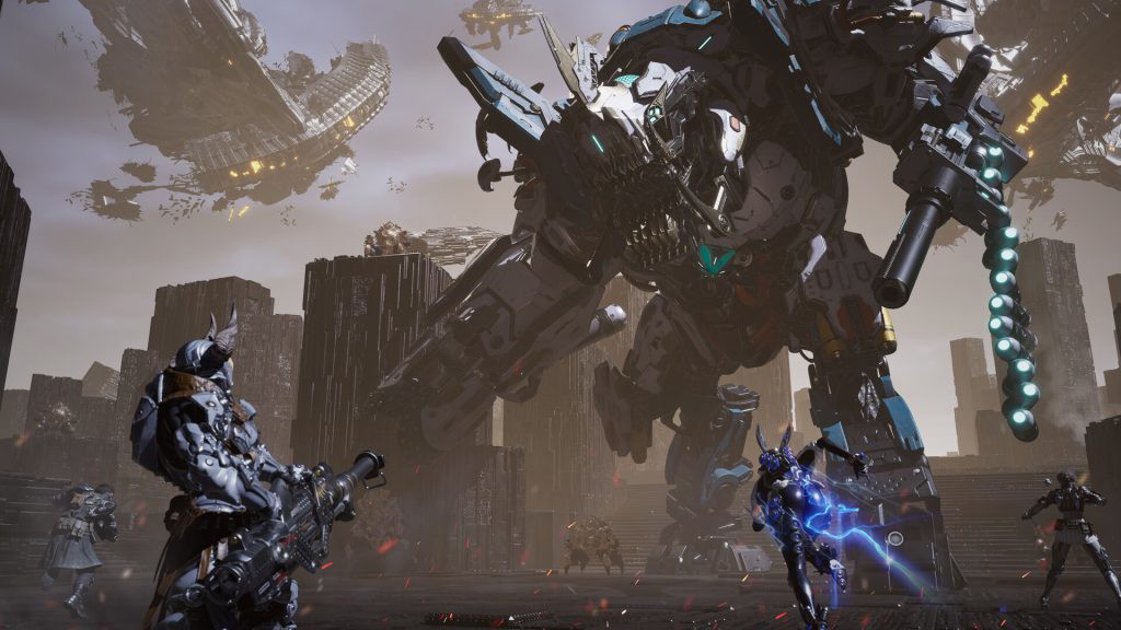 The First Descendant heroes facing off against a giant mech in the game. 