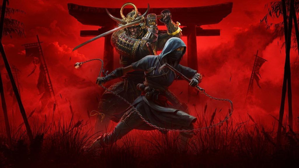 Naoe and Yasuke from Assassin's Creed Shadows standing in front of a Tori gate facing in opposite directions. 