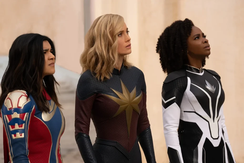 Brie Larson, Iman Vellani, and Teyonah Parris in The Marvels