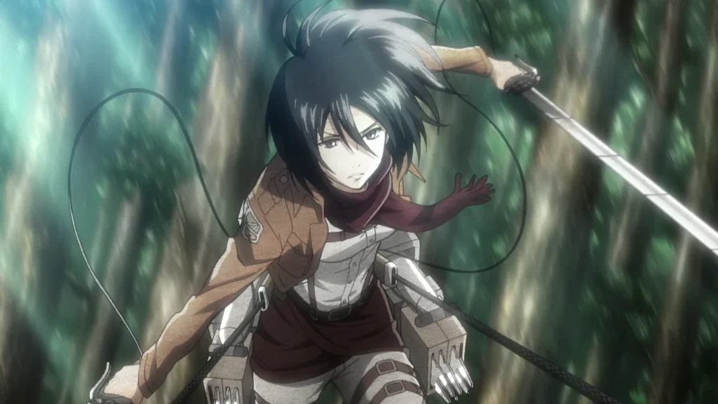 Mikasa fighting with gear in Attack on Titan