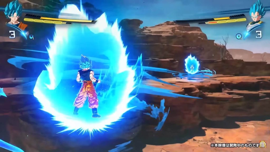 Goku Super Saiyan Blue and Vegeta Super Saiyan Blue charging Ki in Dragon Ball: Sparking Zero.