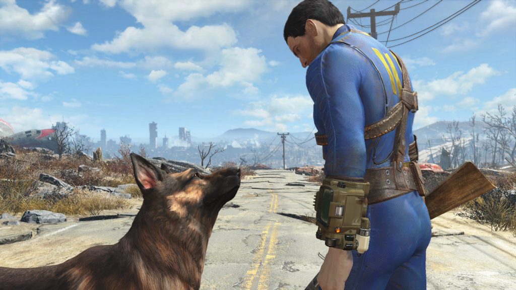 The Vault Dweller looks down at Dogmeat.