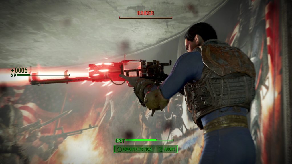 The Vault Dweller fires at a raider.