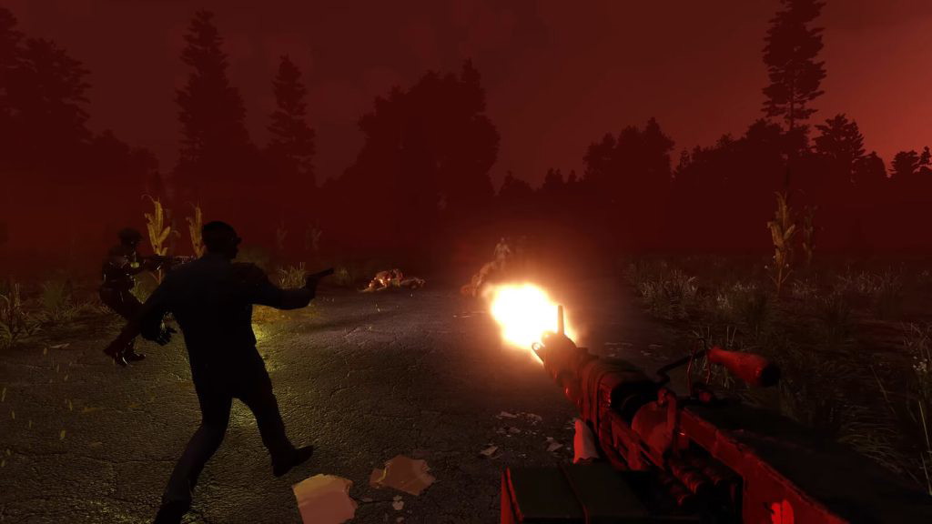 A gameplay screenshot from 7 Days to Die v1.0 shows the player shooting a Light Machine Gun in the dark to fend off a zombie with two other friends. 