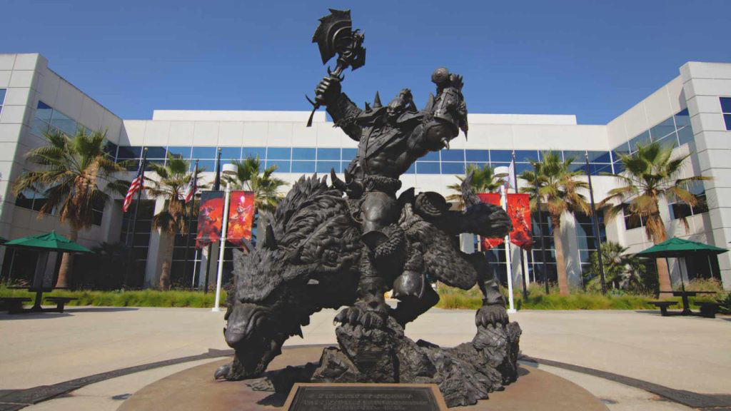 A photo of a World of Warcraft statue outside of the Blizzard Entertainment studio building