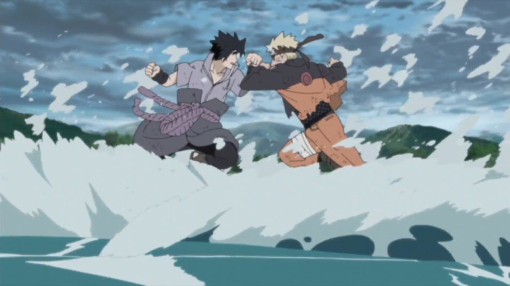 Naruto and Sasuke are engaged in a fight at the Valley of the End.