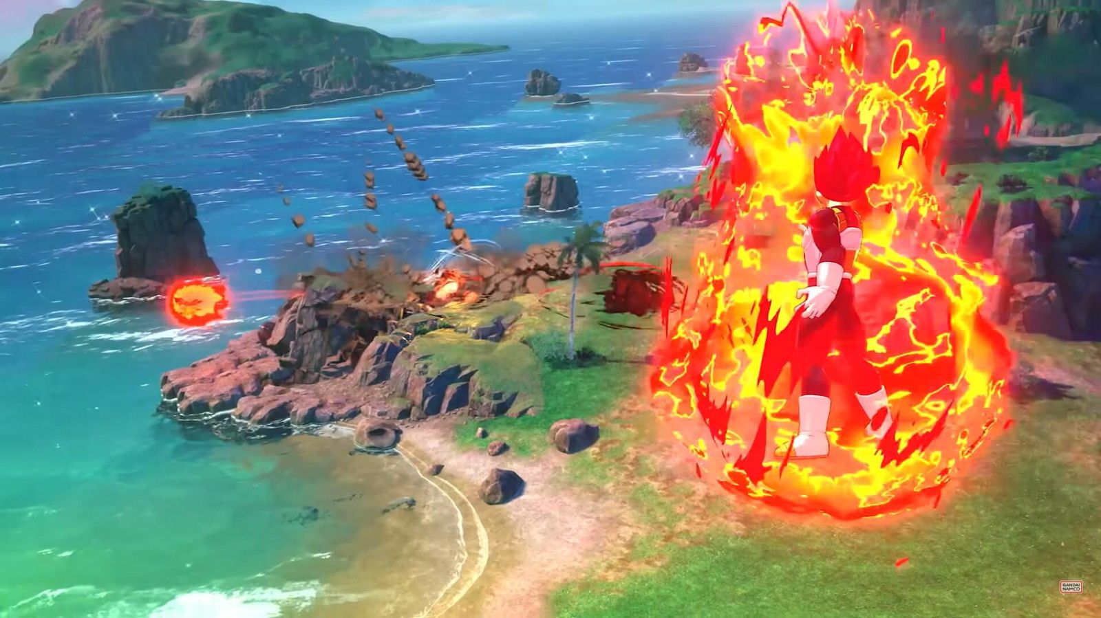Super Saiyan God Vegeta is seen attacking Goku in Sparking Zero. Credits: Bandai Namco