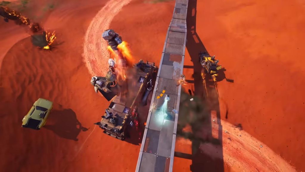 Fortnite Chapter 5 Season 3 screenshot showcases high-octane gameplay featuring several Mad-Max themed vehicles.
