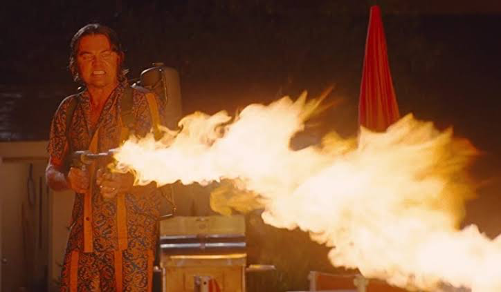 DiCaprio with the flamethrower in Quentin Tarantino’s Once Upon a Time in Hollywood