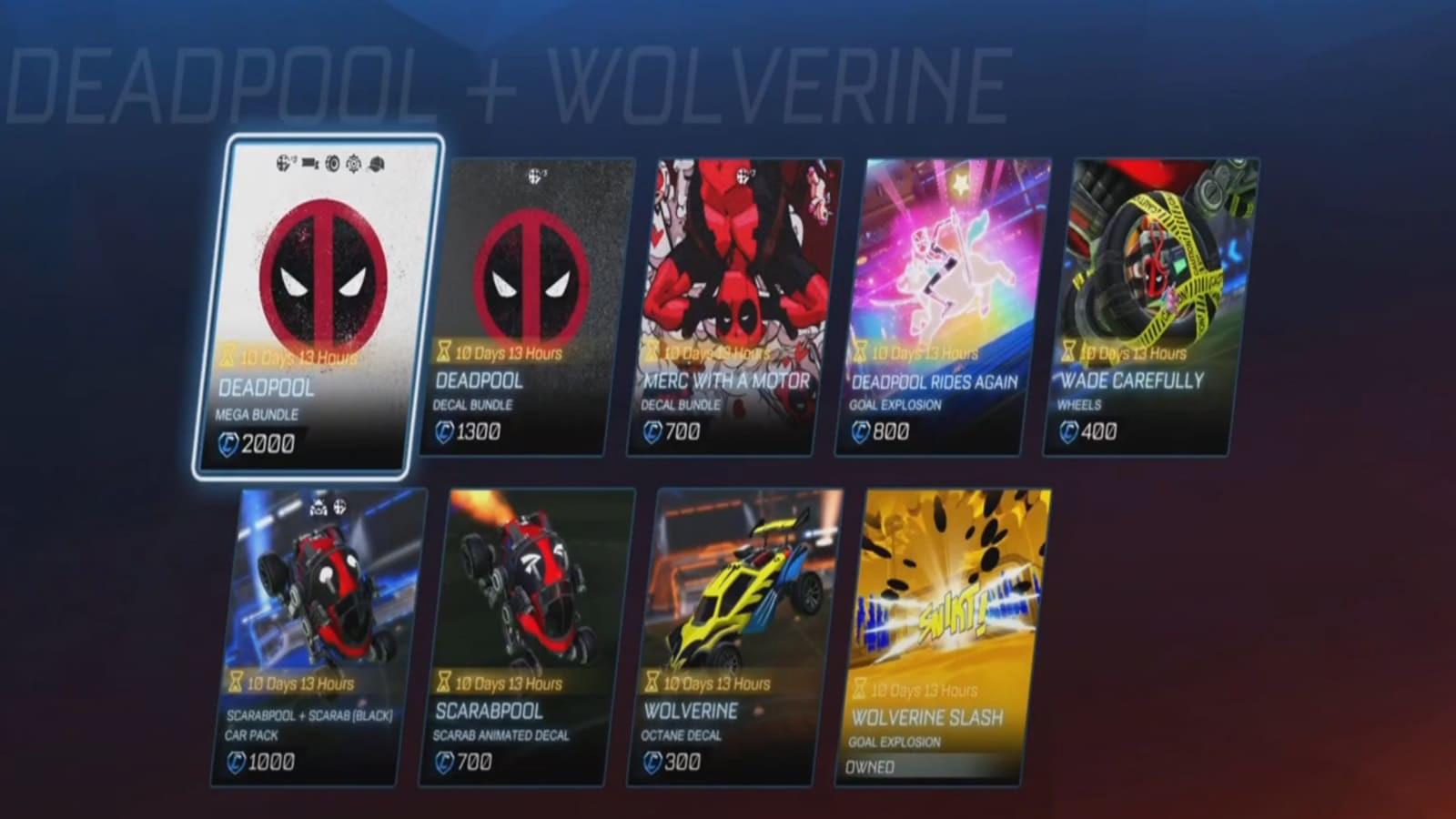Players can now buy Deadpool and Wolverine bundles in Rocket League. Image credit: Psyonix