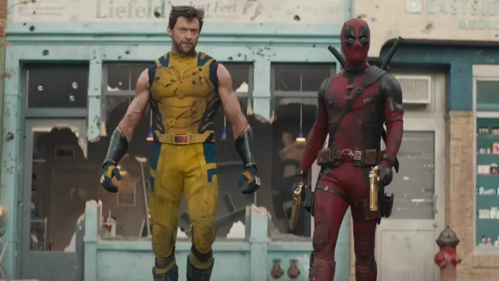Image from Deadpool & Wolverine of the two characters walking toward the camera. 