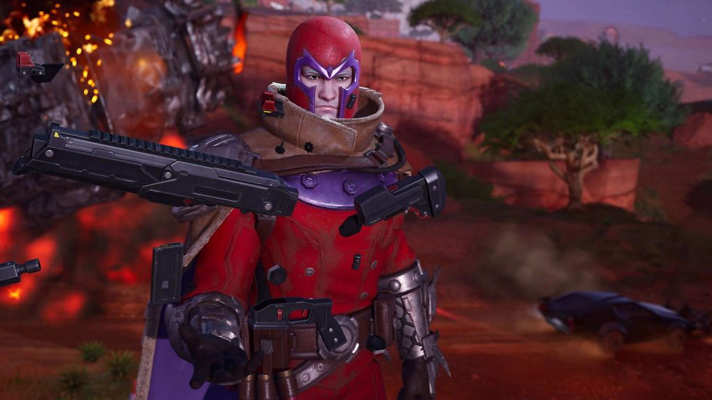 Magneto in Fortnite lifting parts of a weapon into the air with his metal-bending powers