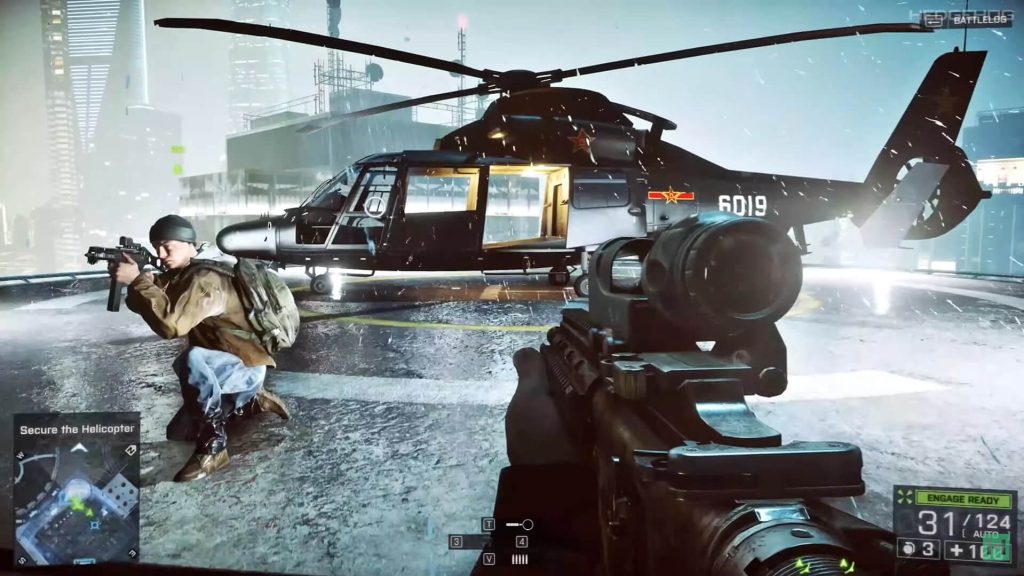 A user is seen approaching a helicopter during the campaign in Battlefield 4.