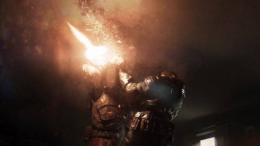 A scene from the official announce trailer of Gears of War: E-Day, featuring a young Marcus Fenix fighting a Locust enemy.