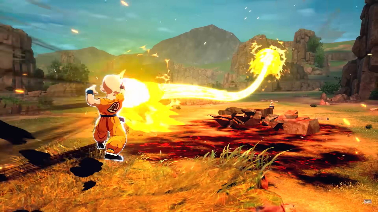 Krillin is using an energy attack against Master Roshi in Dragon Ball: Sparking Zero. Credits: Bandai Namco