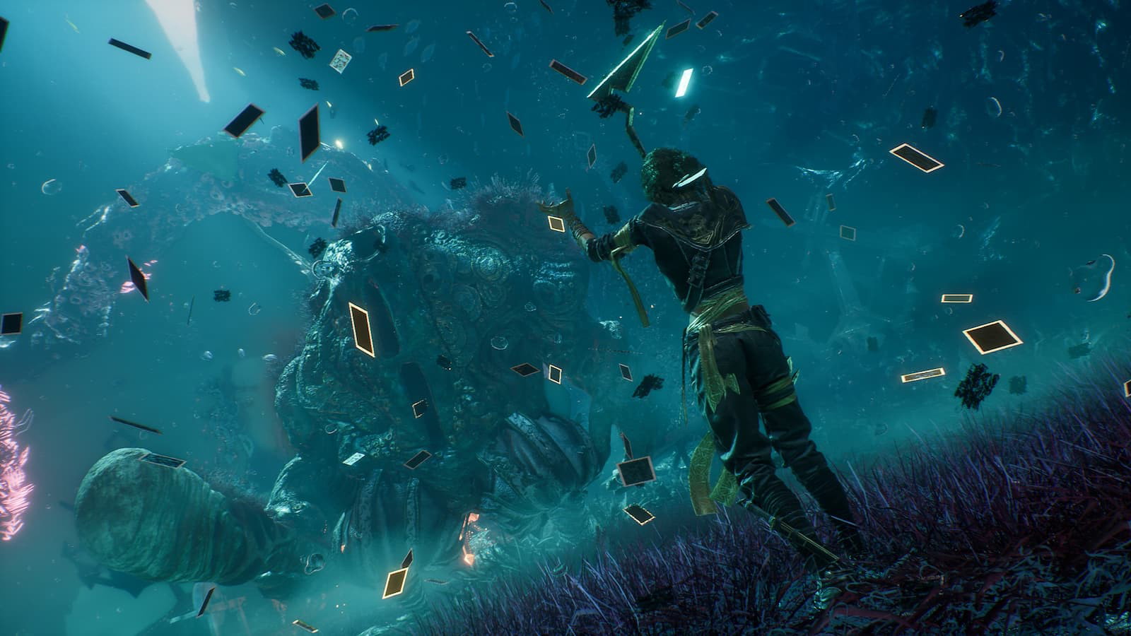 The image shows a character confronting a boss in Clair Obscur: Expedition 33