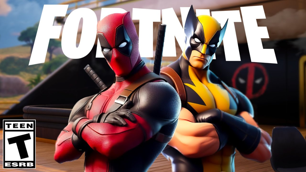 Deadpool and Wolverine are back to back in-front of the Fortnite logo.