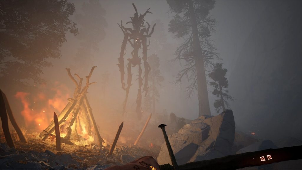 The Axis Unseen screenshot shows the player observing a towering tree-giant enemy in the distance.