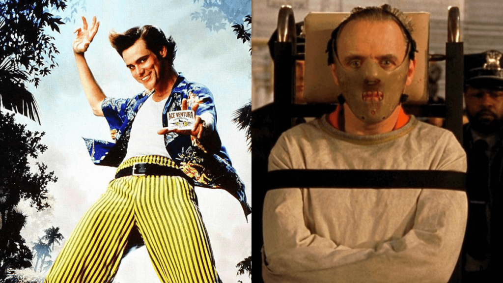 Jim Carrey in Ace Ventura: Pet Detective | Warner Bros.; Anthony Hopkins in The Silence of the Lambs | Universal Pictures