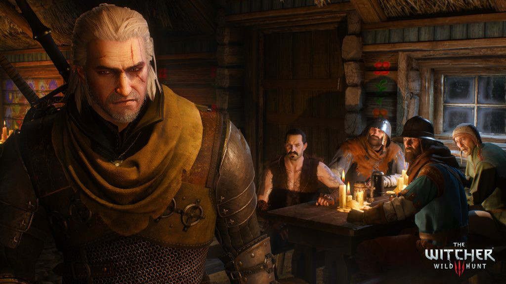 Geralt walking away from a table of soldiers inside of a tavern in The Witcher 3: Wild Hunt.