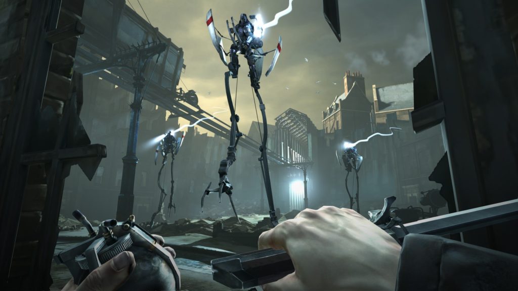 Corvo battles guards in Dishonored.