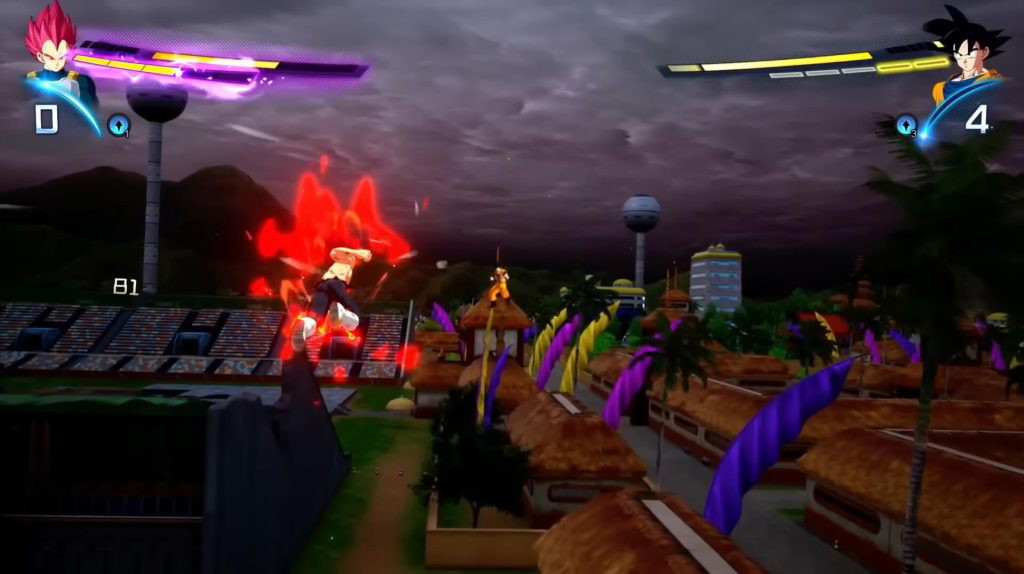 Super Saiyan God Vegeta fights Goku near the World Martial Arts Tournament Arena in Dragon Ball: Sparking Zero.