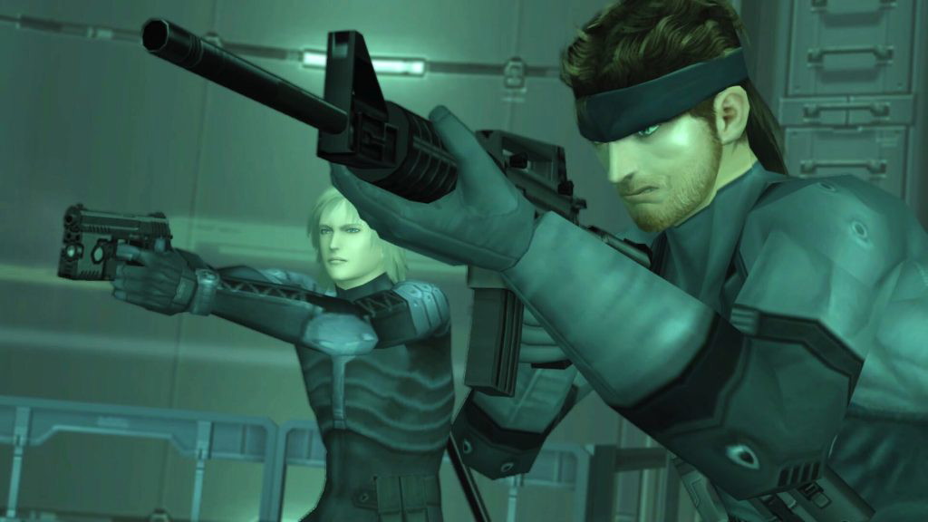 A still from Hideo Kojima's Metal gear Solid 2: Sons of Liberty with Snake and Raiden pointing their guns at the same target.