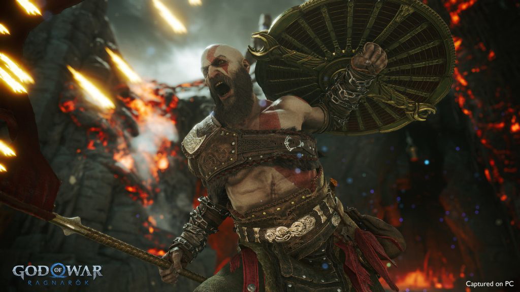 A still from God of War Ragnarok, featuring Kratos using one of his shield's abilities.